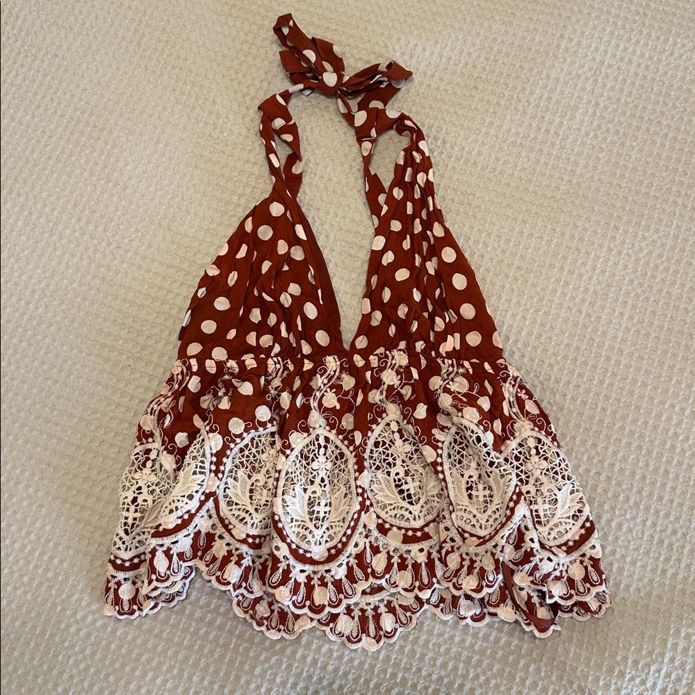Free People Rust Brown Polka Dot Lace Halter Top